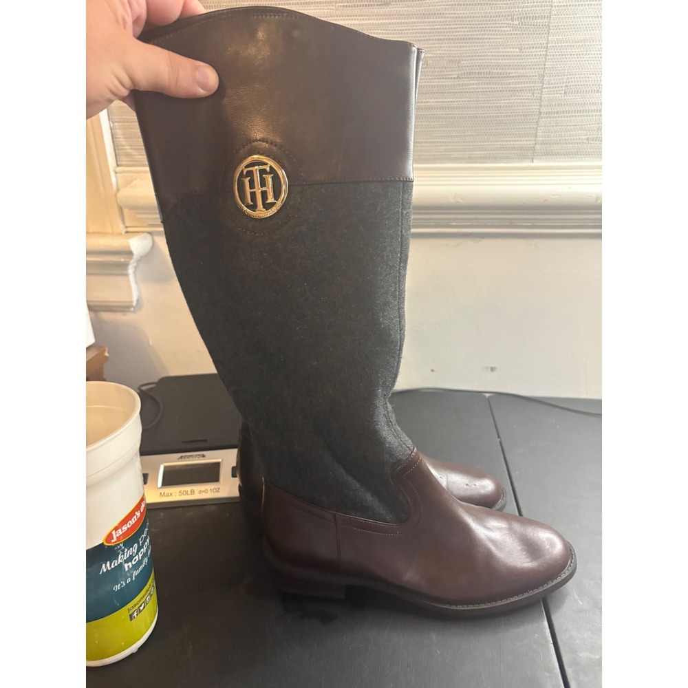Tommy Hilfiger Brown Leather & Grey Wool Tall Riding Boots Women 6.5M Gold Logo